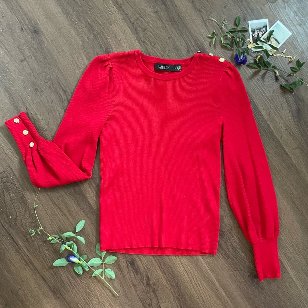Ralph Lauren Red Balloon Sleeve Sweater with Gold Button Accents